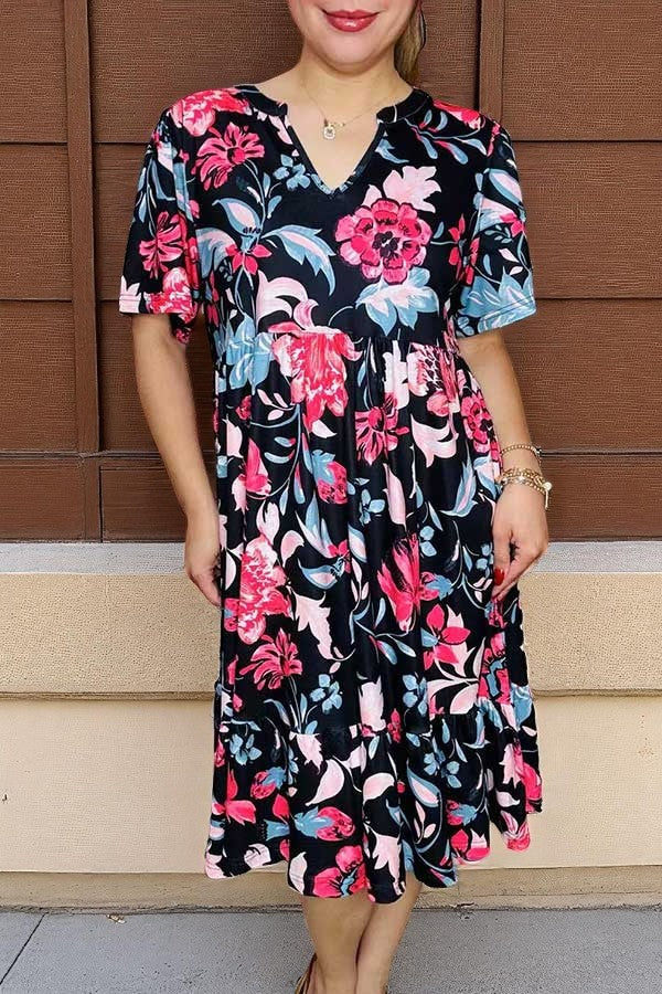 Buy Pink & blue floral printed black women's dress w/short sleeves XCH16199  IS6